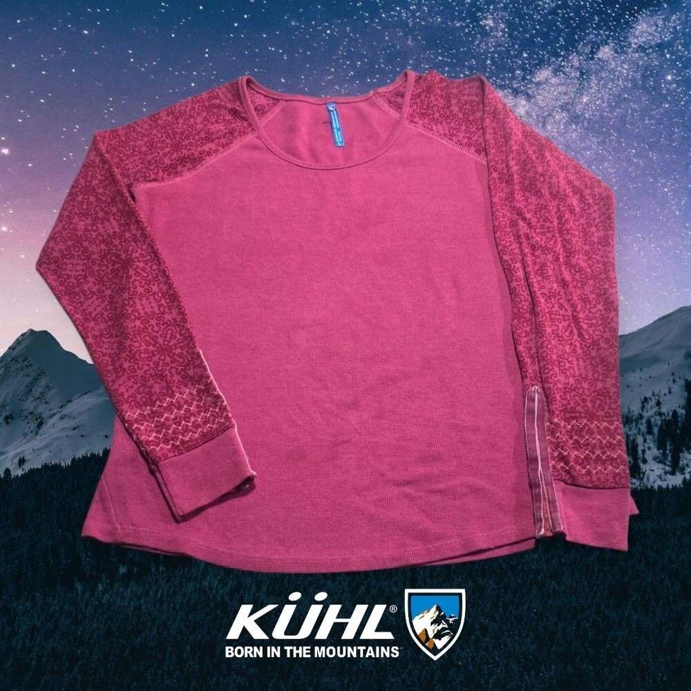 KUHL Alva Thermal Top Womens Damask Velvet Trim Waffle Knit Lasercut Wine L FLAW
